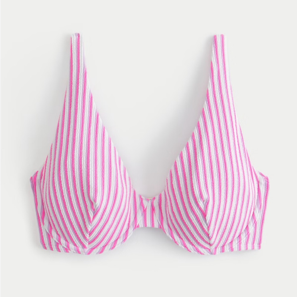 Hollister Curvy High Apex Scrunched Striped Pink Bikini Set